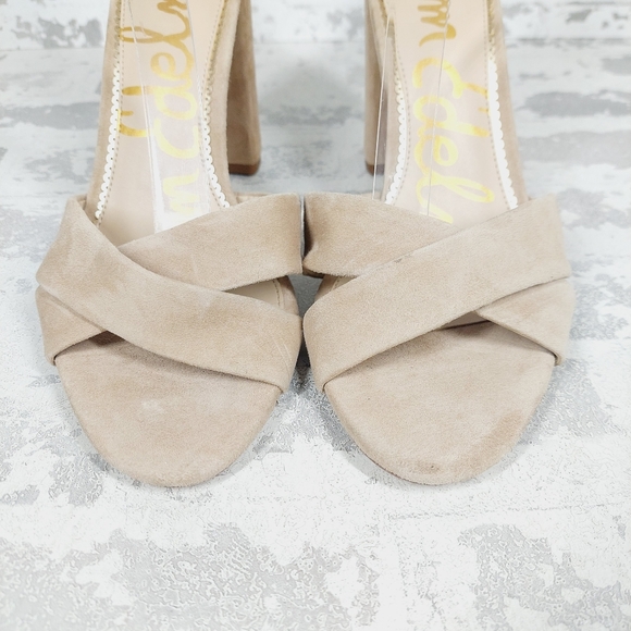 New Sam Edelman Yancy Beige Faux Suede Ankle Strap Heeled Sandals X255 - Picture 8 of 12